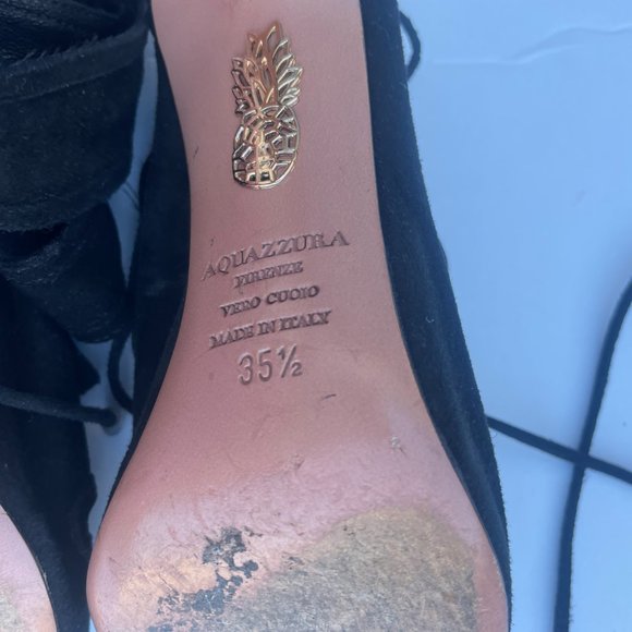 Aquazzura Firenze Slone Peep Toe Bootie Black Suede Sz 35 Slit-Front Lace - Picture 10 of 11